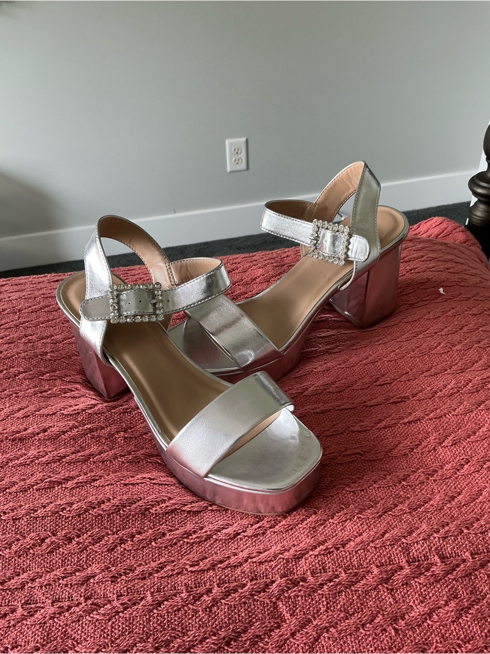 Silver Rhinestone Buckle Platform Sandals